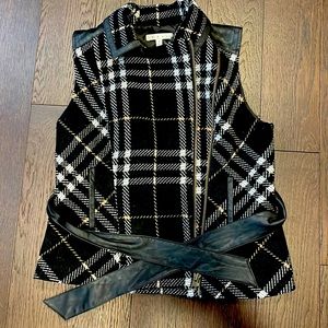 CAbi plaid moto vest with asymmetrical zip and tie waist sz M